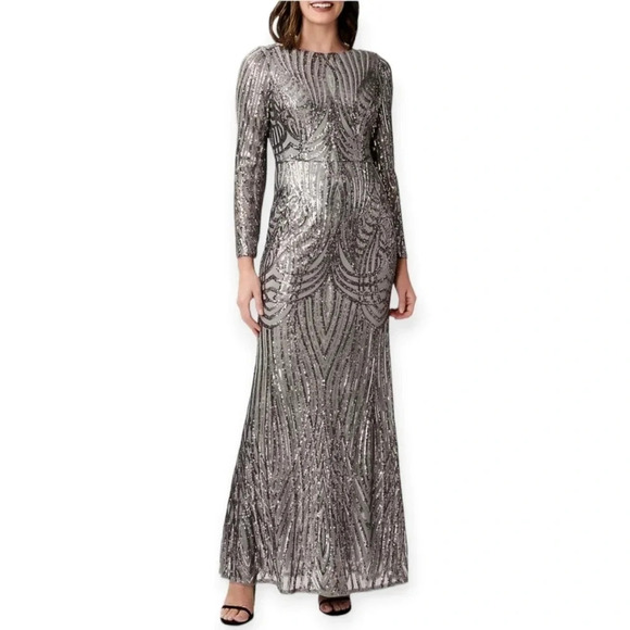 Adrianna Papell Silver Sequin Mesh Mermaid Long Sleeve Maxi Party Formal Dress 4 - Picture 17 of 17